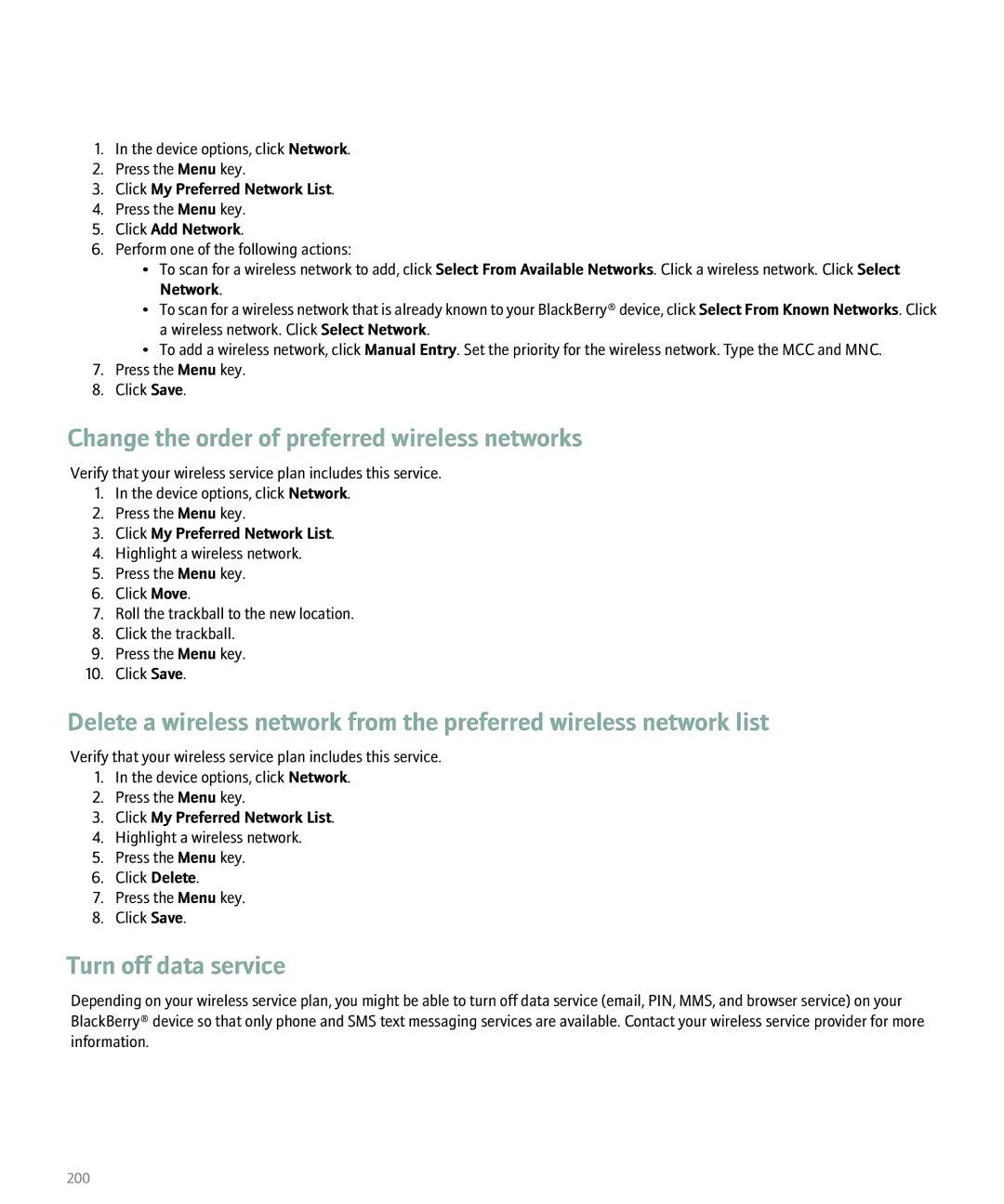 Blackberry 8100 Change the order of preferred wireless networks, Turn off data service, Click My Preferred Network List 