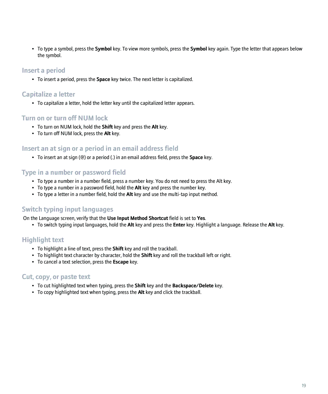 Blackberry 8100 Insert a period, Capitalize a letter, Turn on or turn off NUM lock, Type in a number or password field 