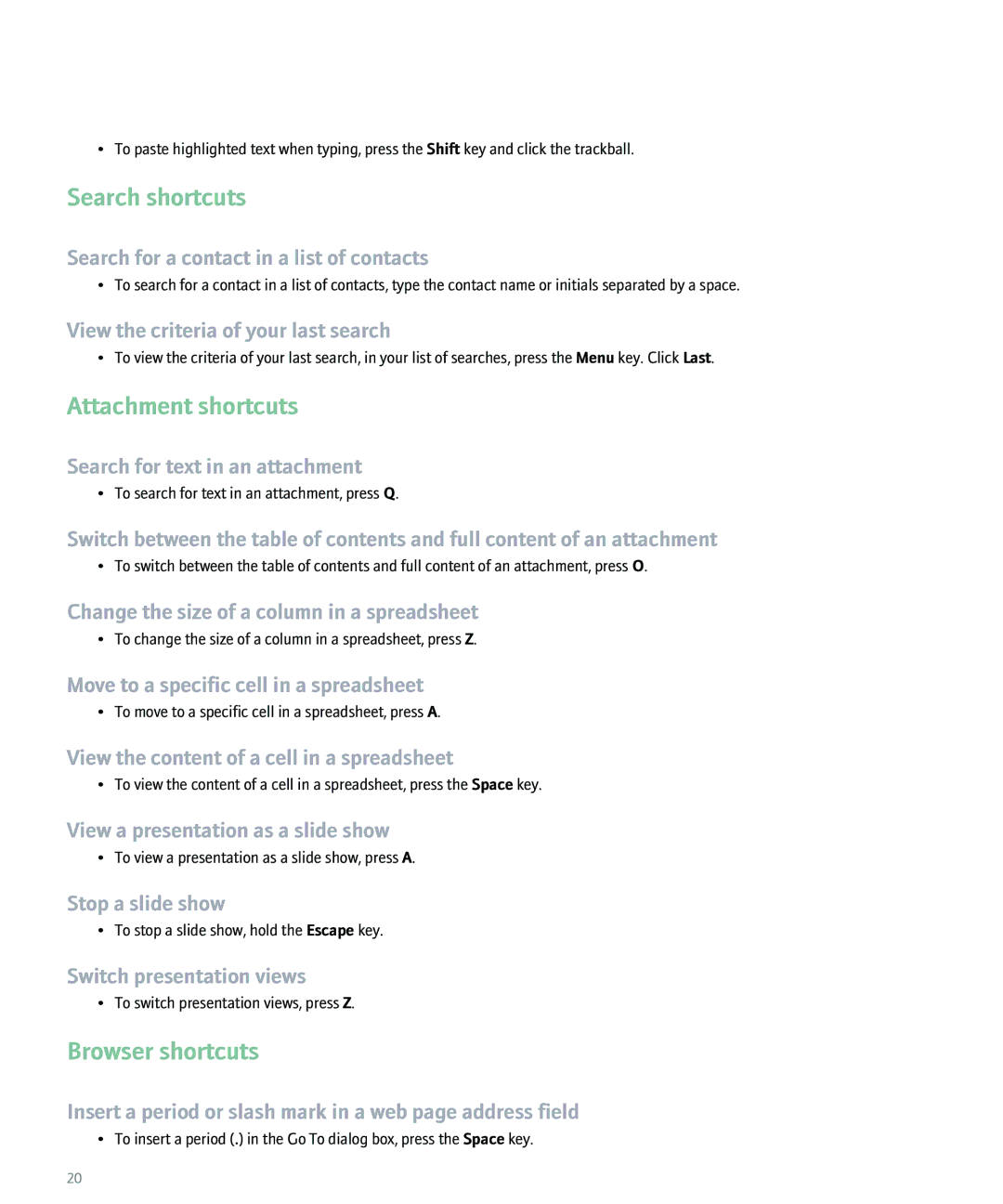 Blackberry 8100 manual Search shortcuts, Attachment shortcuts, Browser shortcuts 