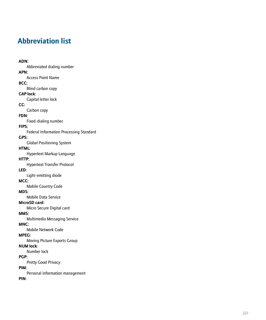 Blackberry 8100 manual Abbreviation list, CAP lock, MicroSD card, NUM lock 