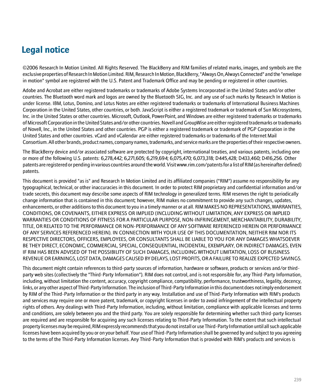 Blackberry 8100 manual Legal notice 