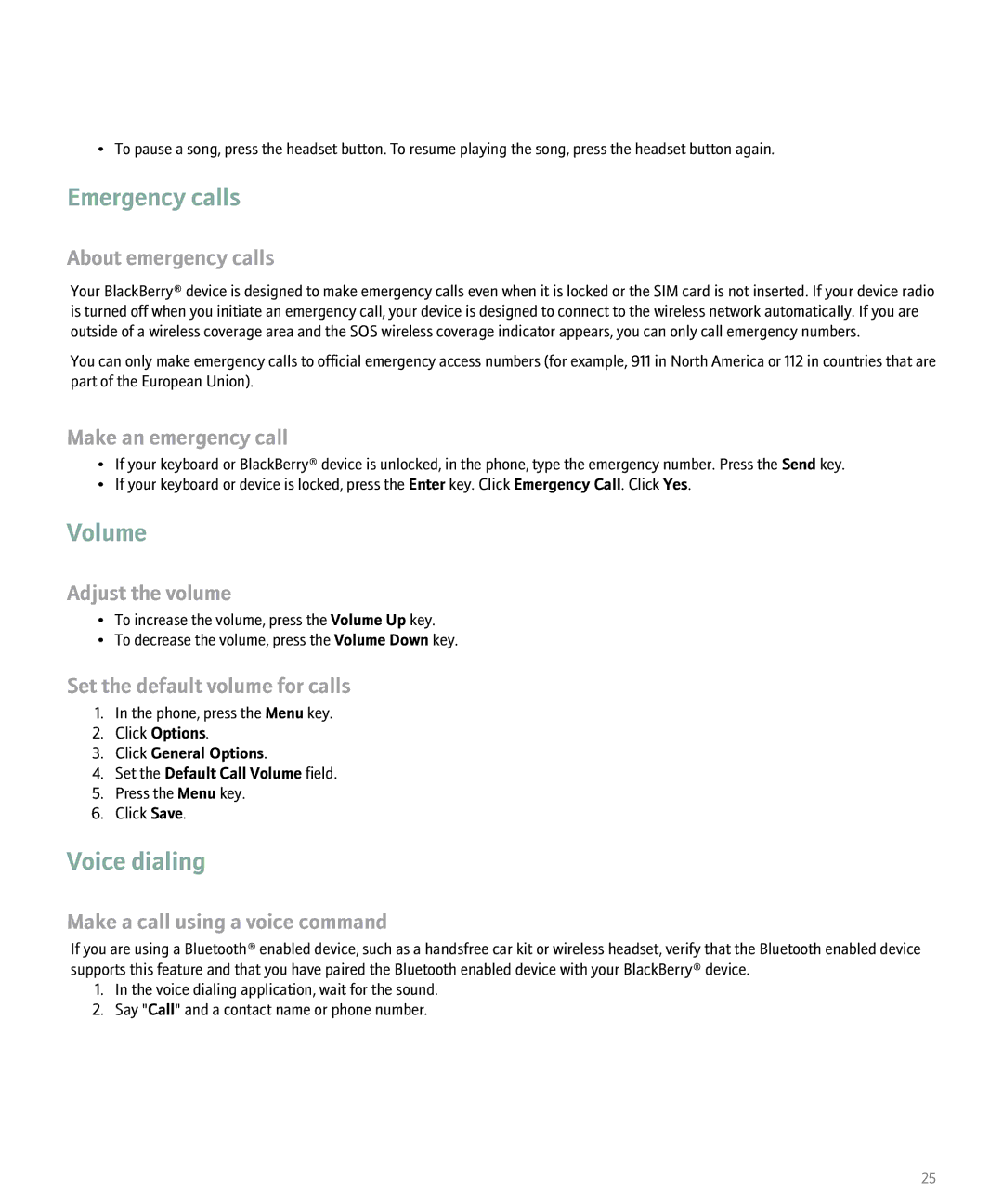 Blackberry 8100 manual Emergency calls, Volume, Voice dialing 
