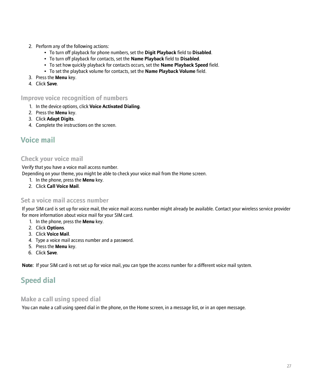 Blackberry 8100 manual Voice mail, Speed dial, Improve voice recognition of numbers, Set a voice mail access number 