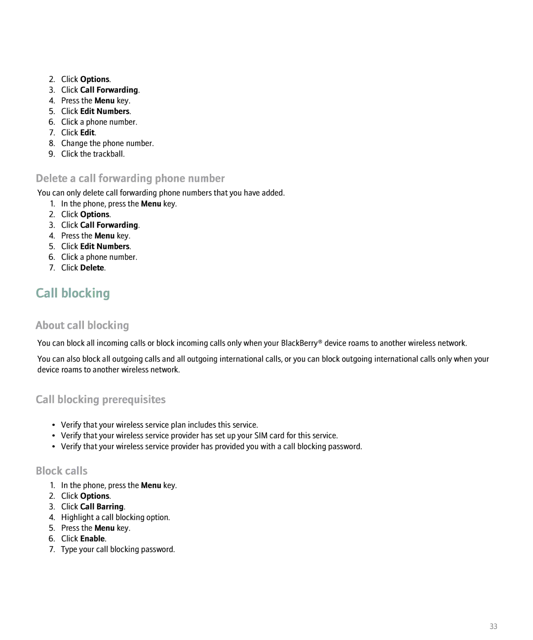 Blackberry 8100 Delete a call forwarding phone number, About call blocking, Call blocking prerequisites, Block calls 