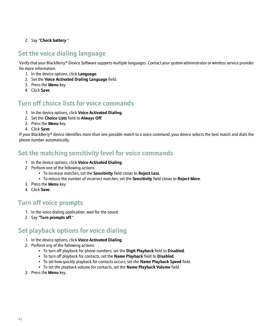Blackberry 8100 manual Set the voice dialing language, Turn off choice lists for voice commands, Turn off voice prompts 
