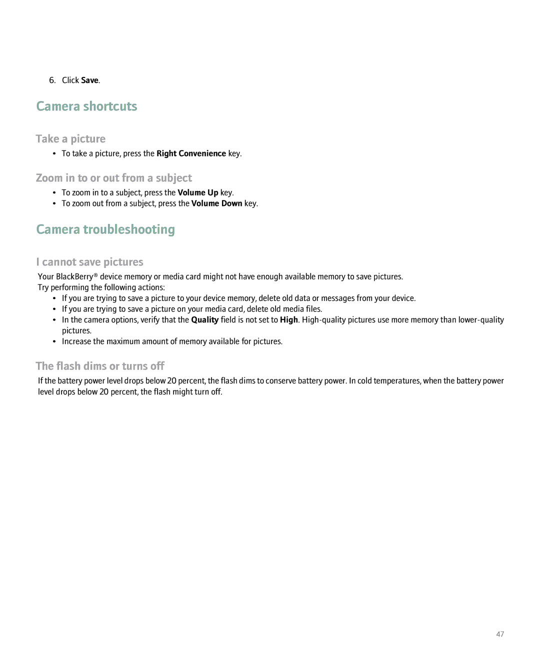 Blackberry 8100 manual Camera troubleshooting, Cannot save pictures, Flash dims or turns off 
