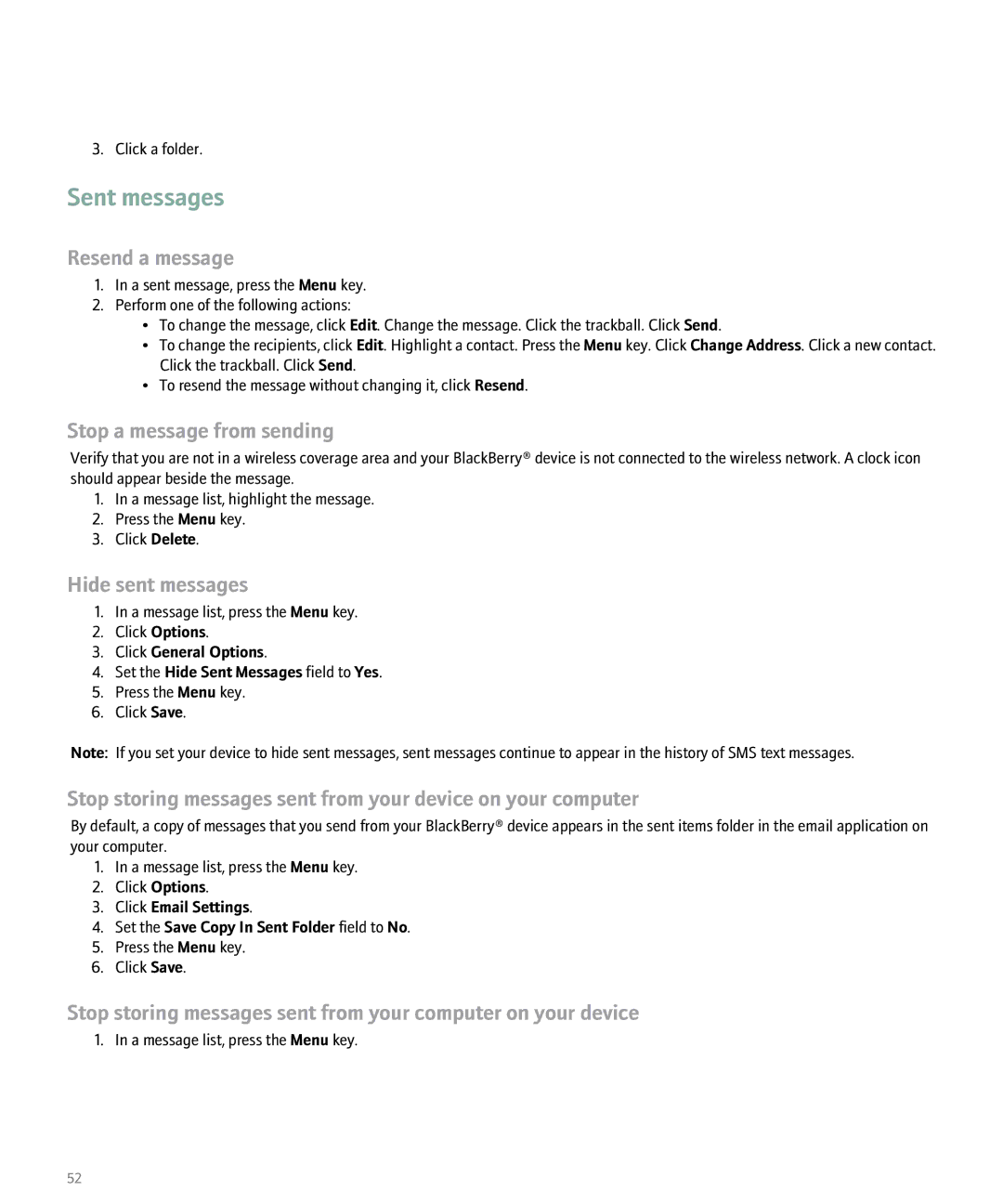Blackberry 8100 manual Sent messages, Resend a message, Stop a message from sending, Hide sent messages 