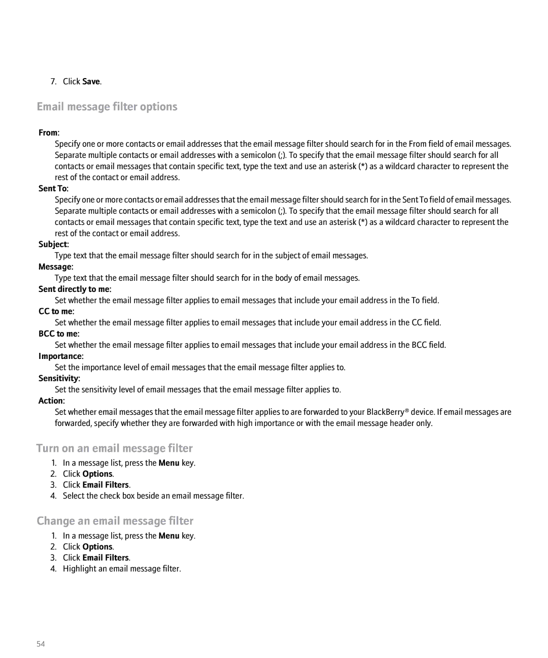 Blackberry 8100 manual Email message filter options, Turn on an email message filter, Change an email message filter 