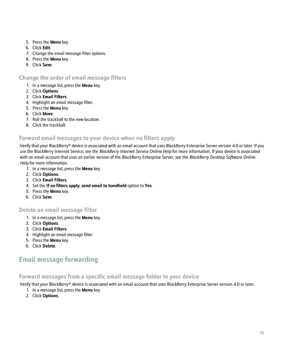Blackberry 8100 manual Email message forwarding, Change the order of email message filters, Delete an email message filter 