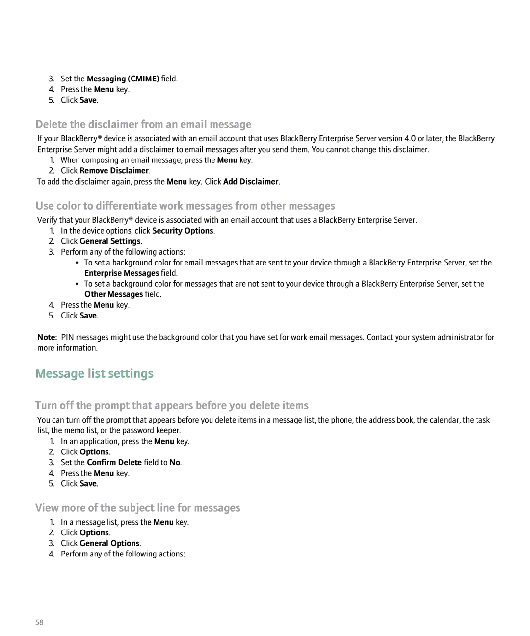 Blackberry 8100 manual Message list settings, Delete the disclaimer from an email message 