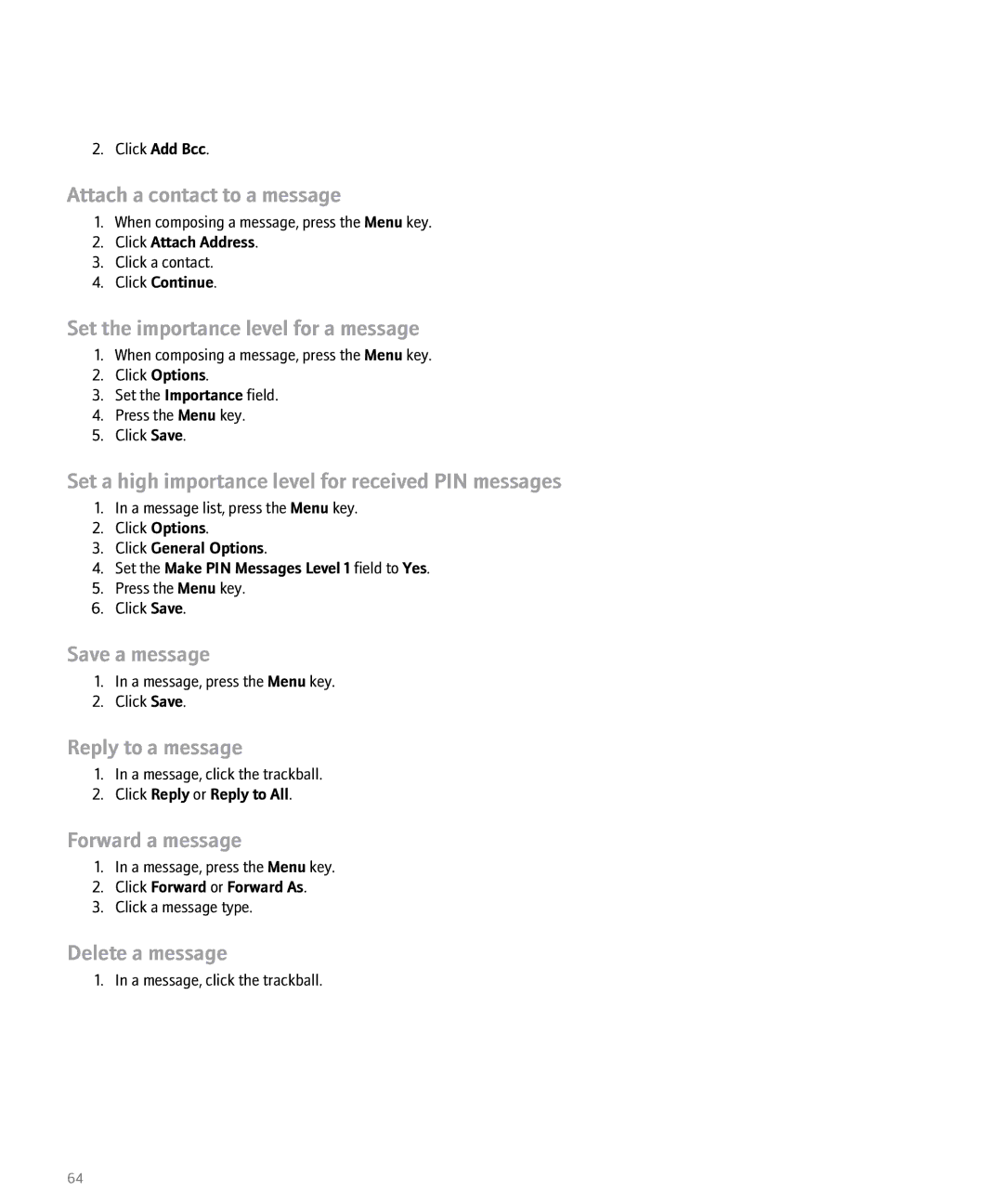 Blackberry 8100 manual Attach a contact to a message, Set a high importance level for received PIN messages 