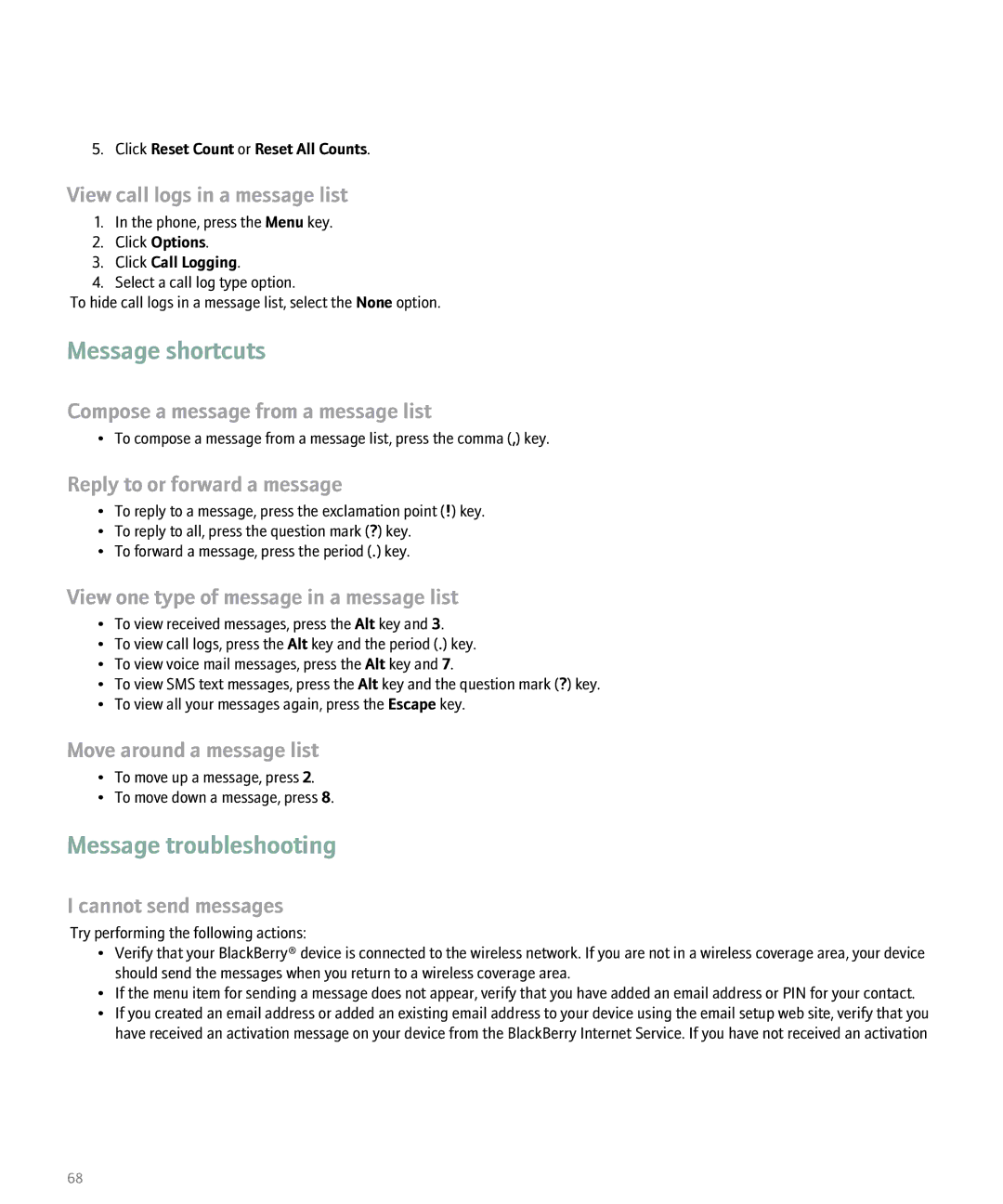 Blackberry 8100 manual Message shortcuts 