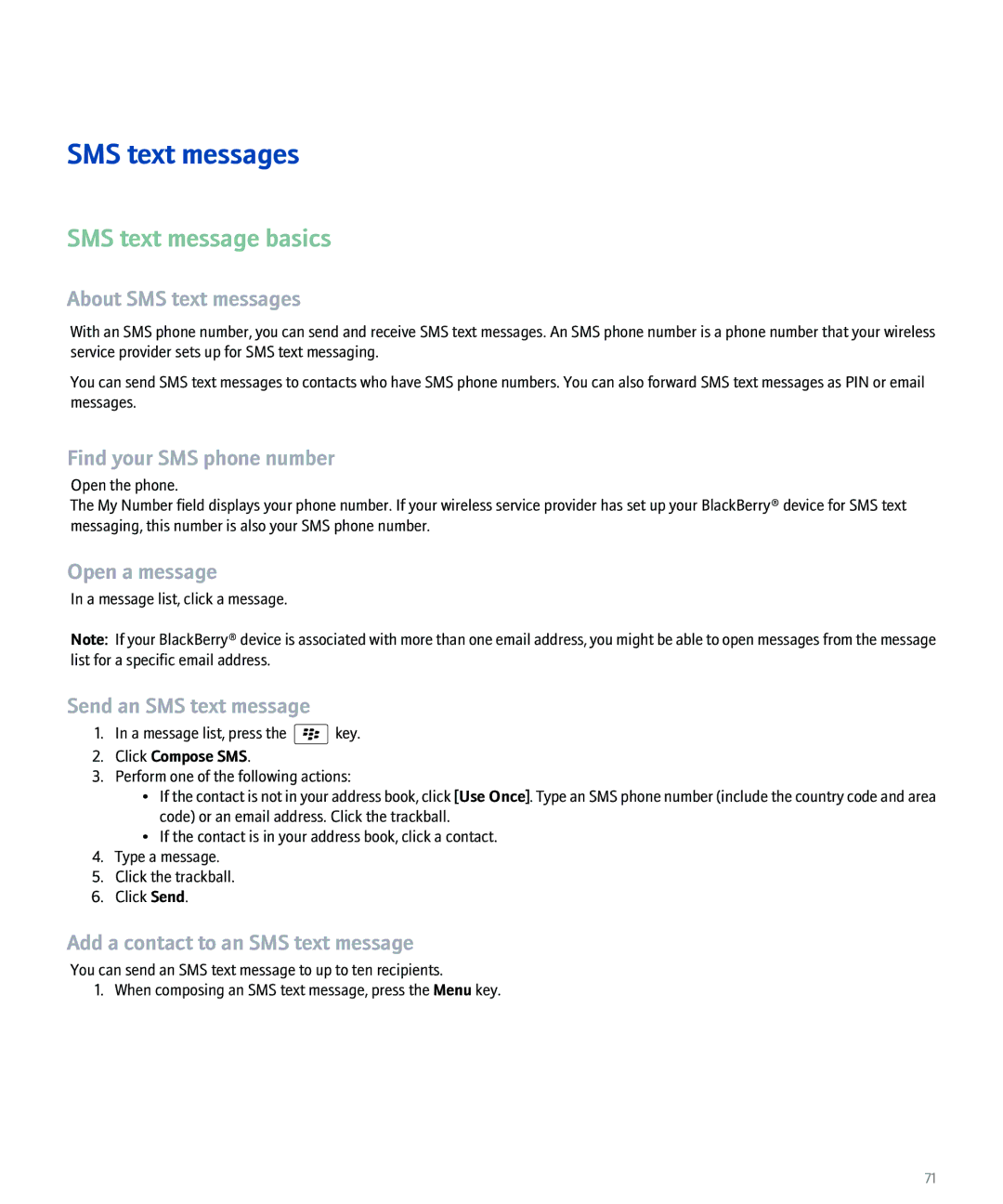 Blackberry 8100 manual SMS text messages, SMS text message basics 