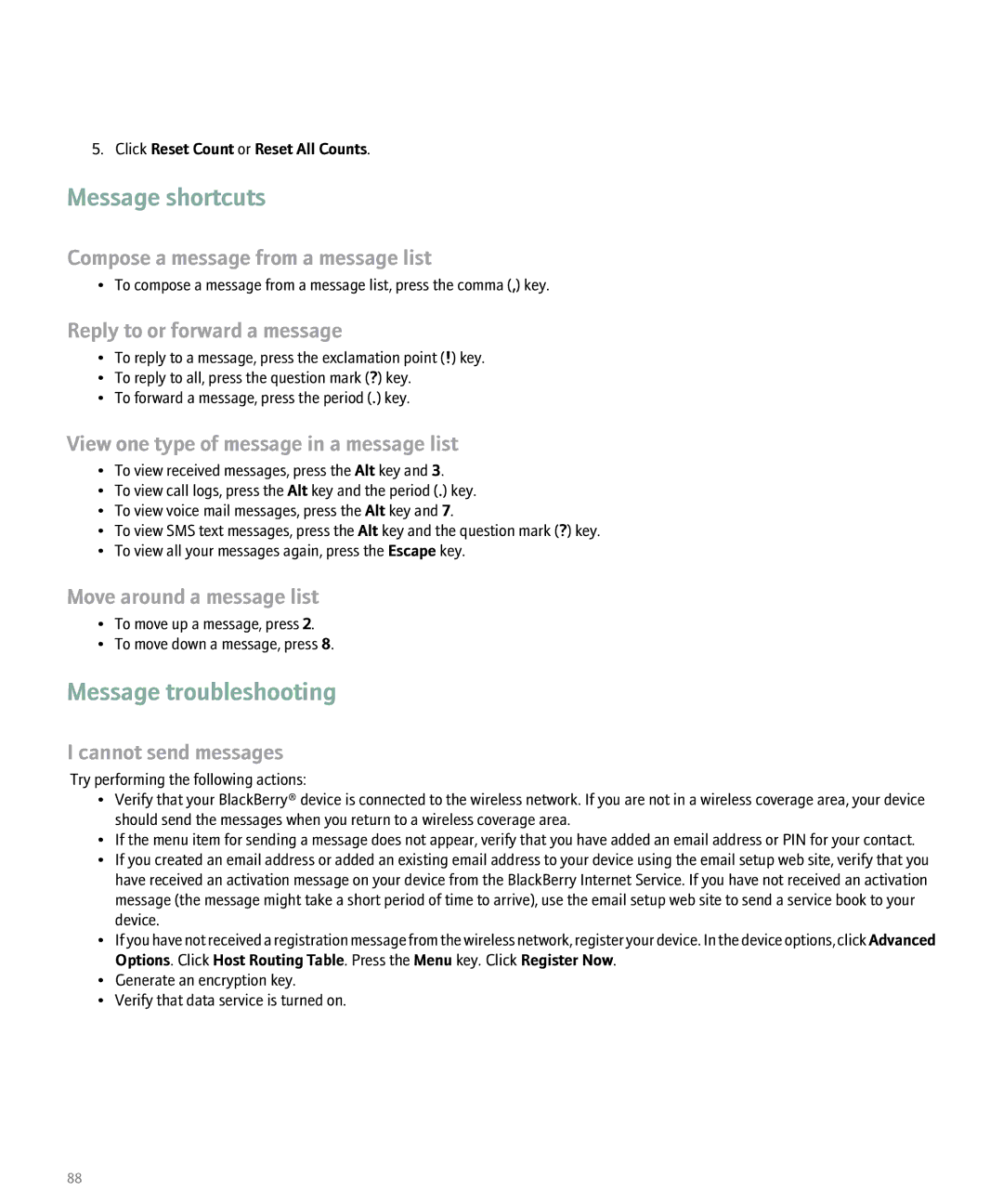 Blackberry 8100 manual Message shortcuts 