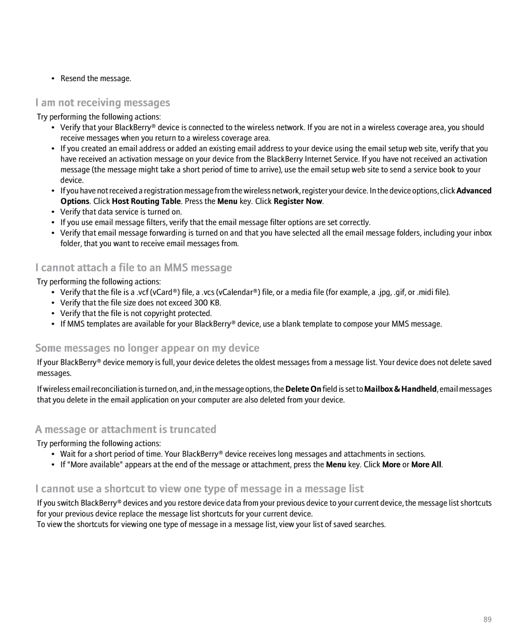 Blackberry 8100 manual Am not receiving messages, Cannot attach a file to an MMS message 