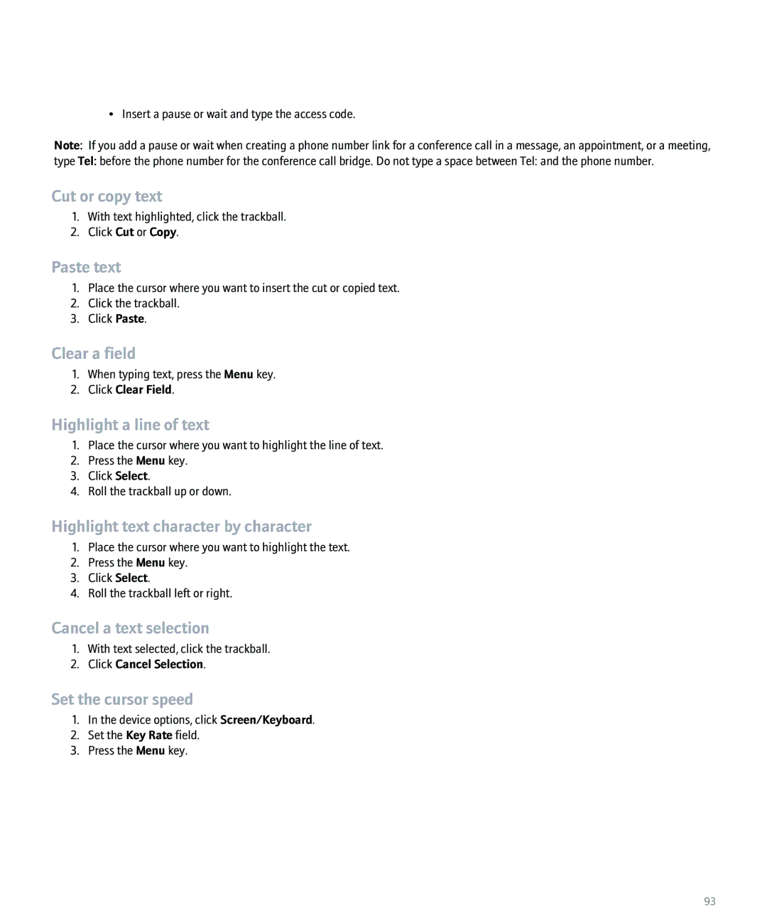 Blackberry 8100 manual Cut or copy text, Paste text, Clear a field, Highlight a line of text, Cancel a text selection 
