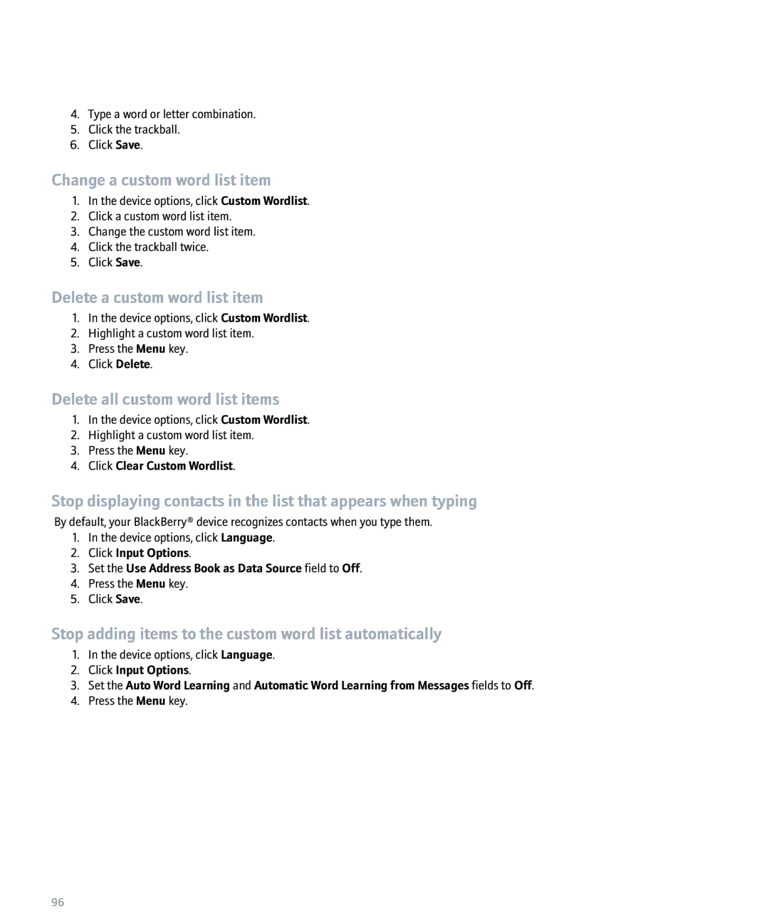 Blackberry 8100 manual Change a custom word list item, Delete a custom word list item, Delete all custom word list items 