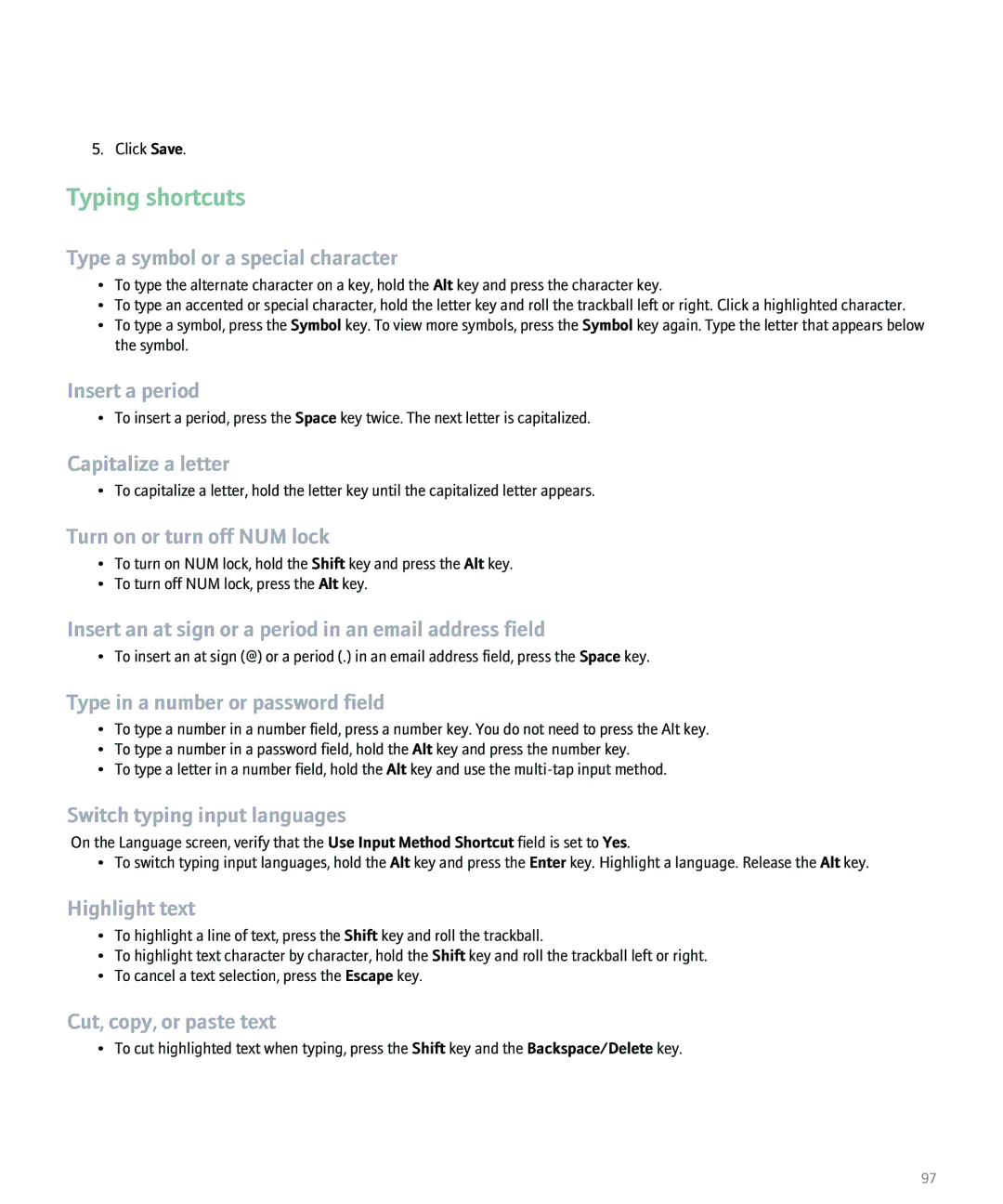 Blackberry 8100 manual Typing shortcuts 