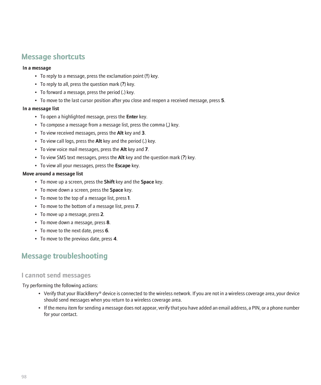 Blackberry 8110 manual Message shortcuts 