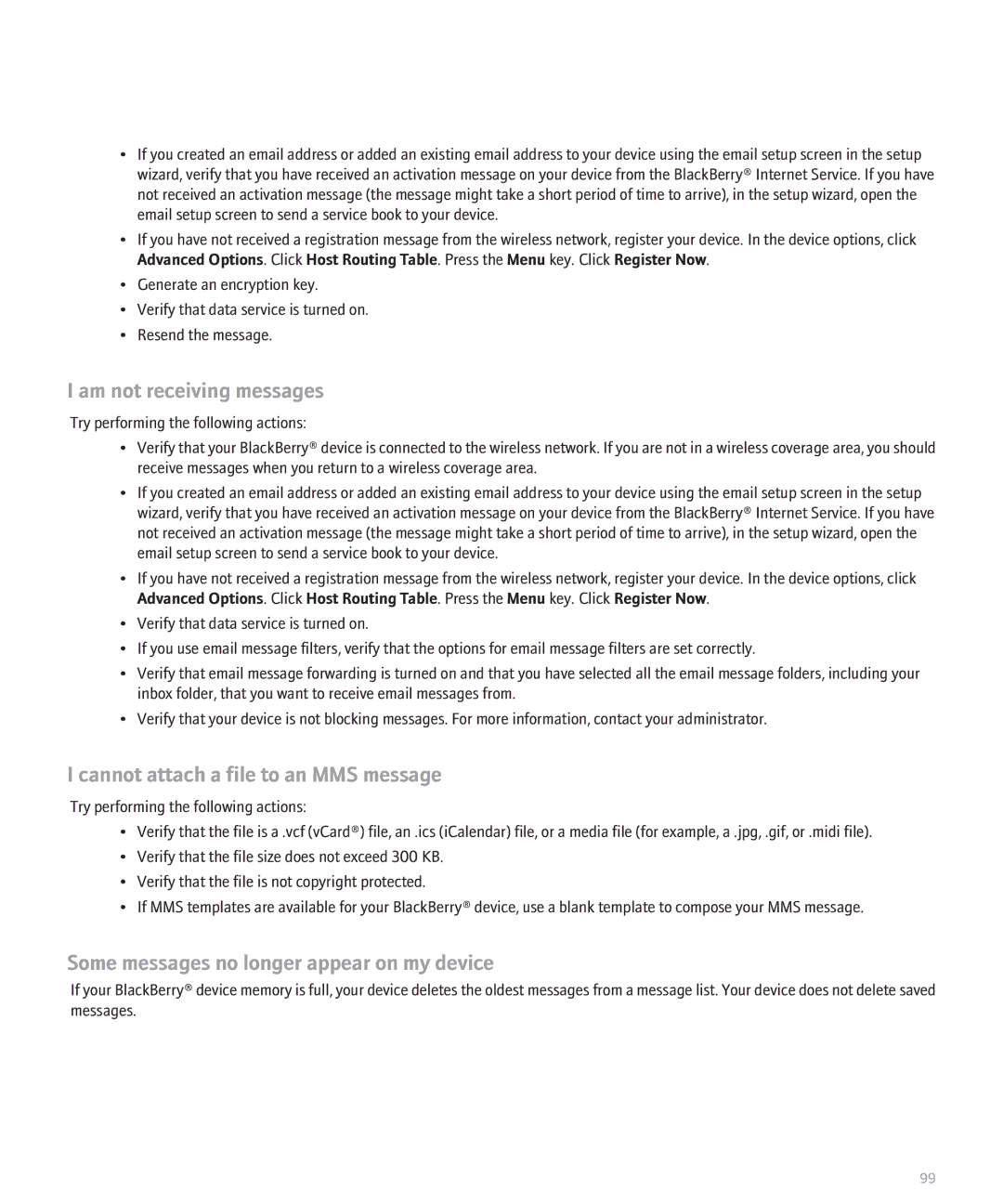Blackberry 8110 manual Am not receiving messages, Cannot attach a file to an MMS message 