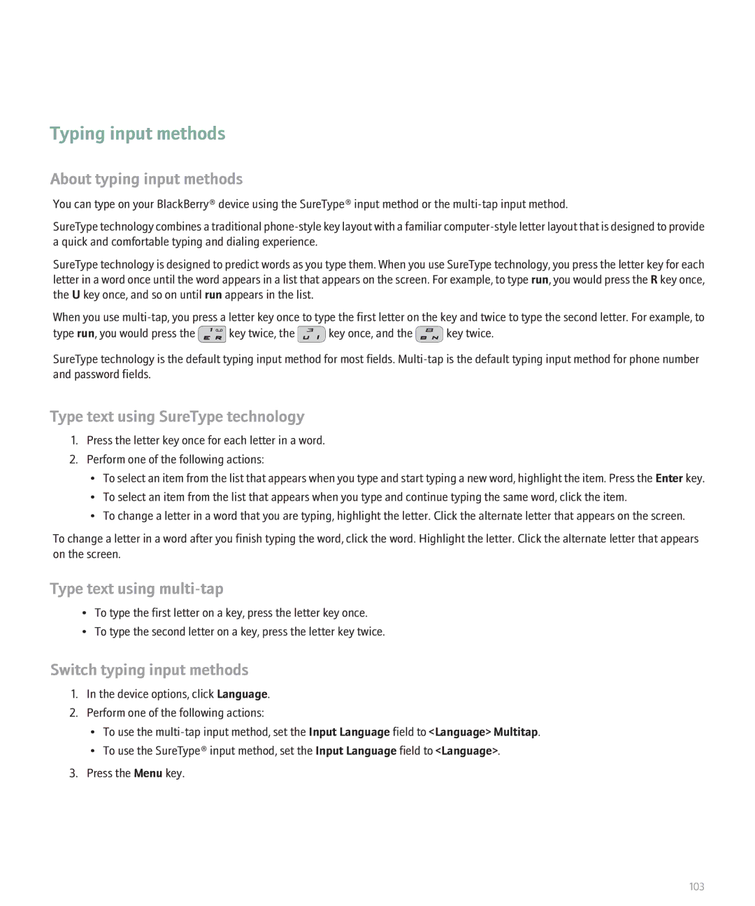 Blackberry 8110 manual Typing input methods, About typing input methods, Type text using SureType technology 