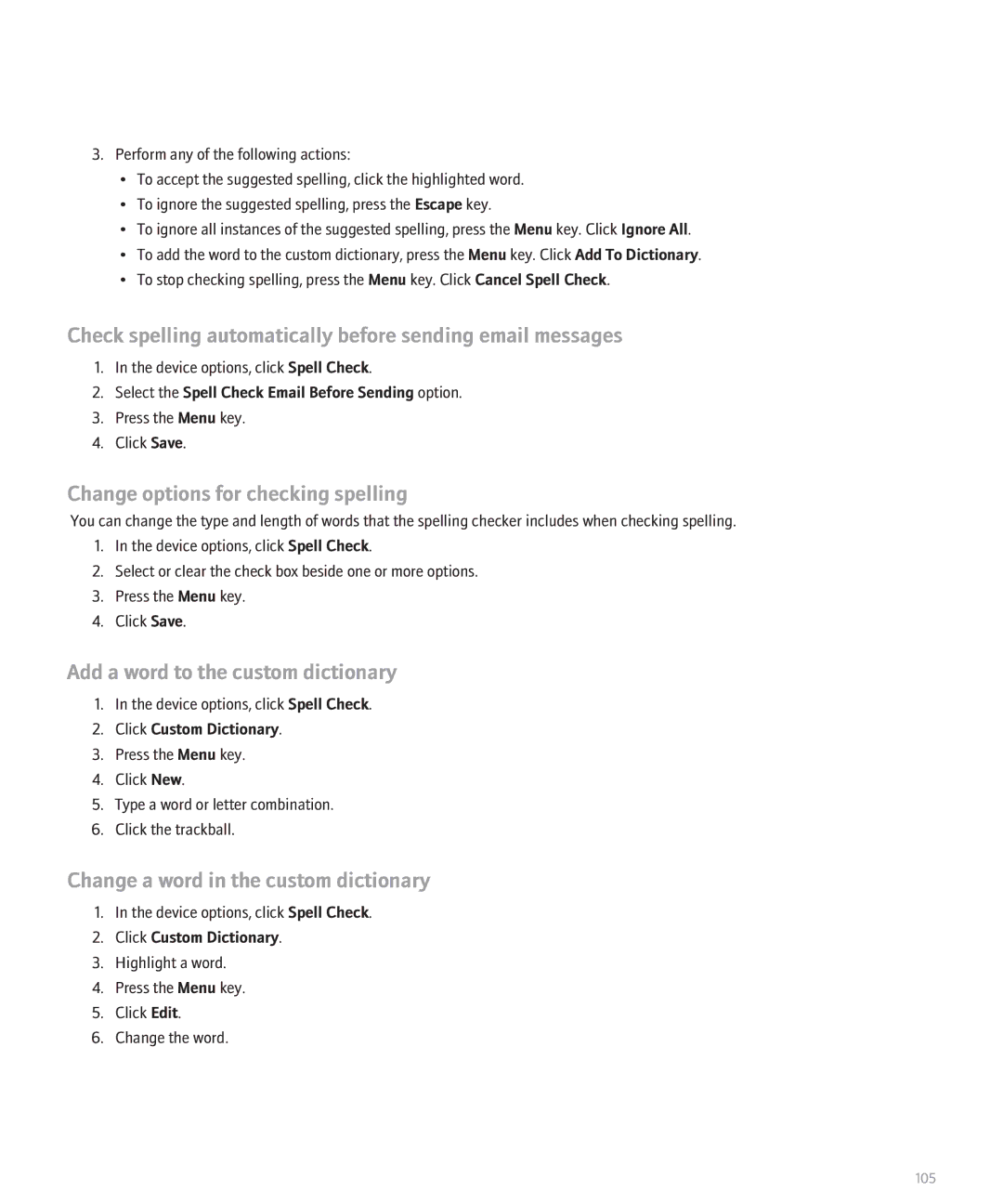 Blackberry 8110 manual Change options for checking spelling, Add a word to the custom dictionary, Click Custom Dictionary 