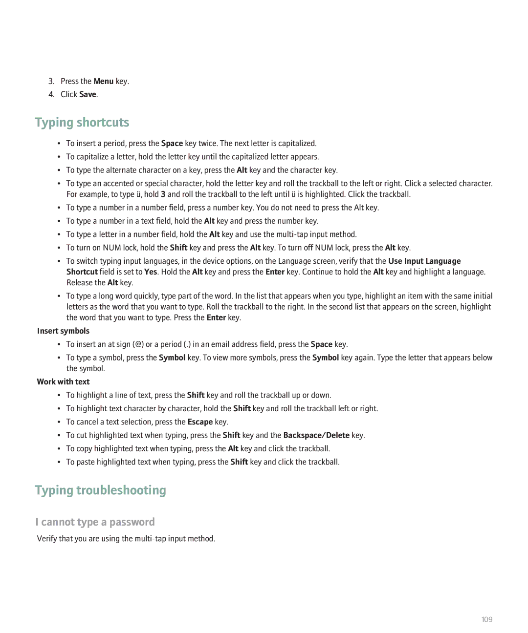 Blackberry 8110 manual Typing troubleshooting, Cannot type a password 