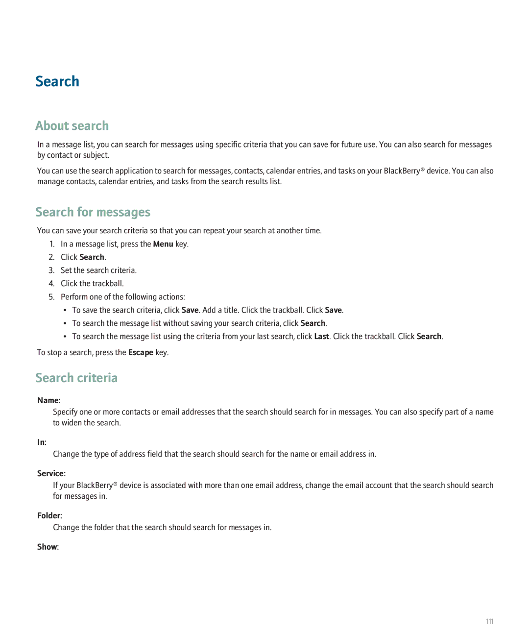 Blackberry 8110 manual About search, Search for messages, Search criteria 