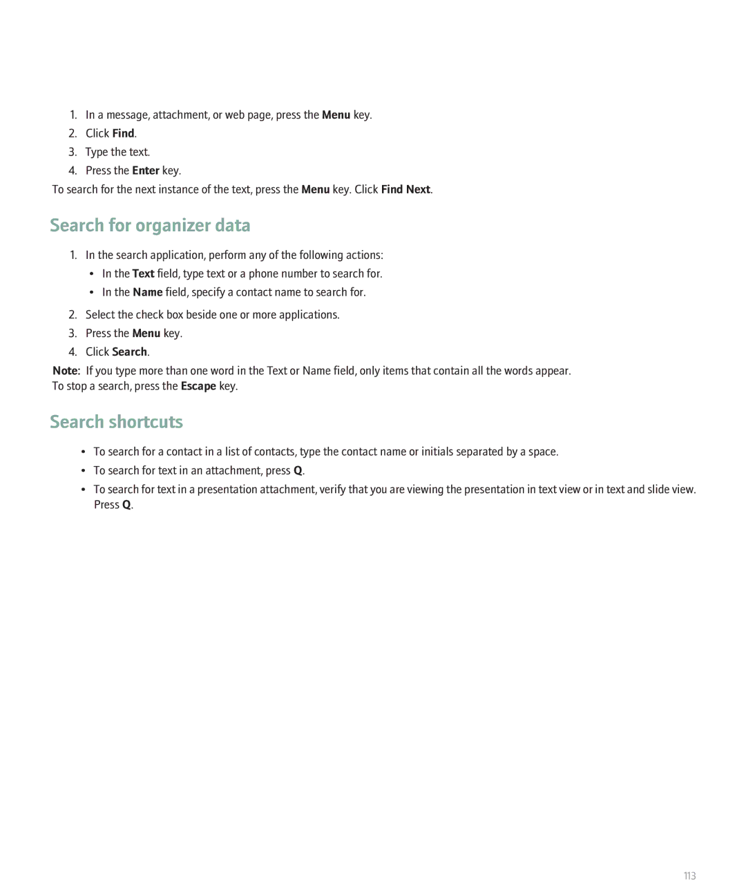 Blackberry 8110 manual Search for organizer data, Search shortcuts 