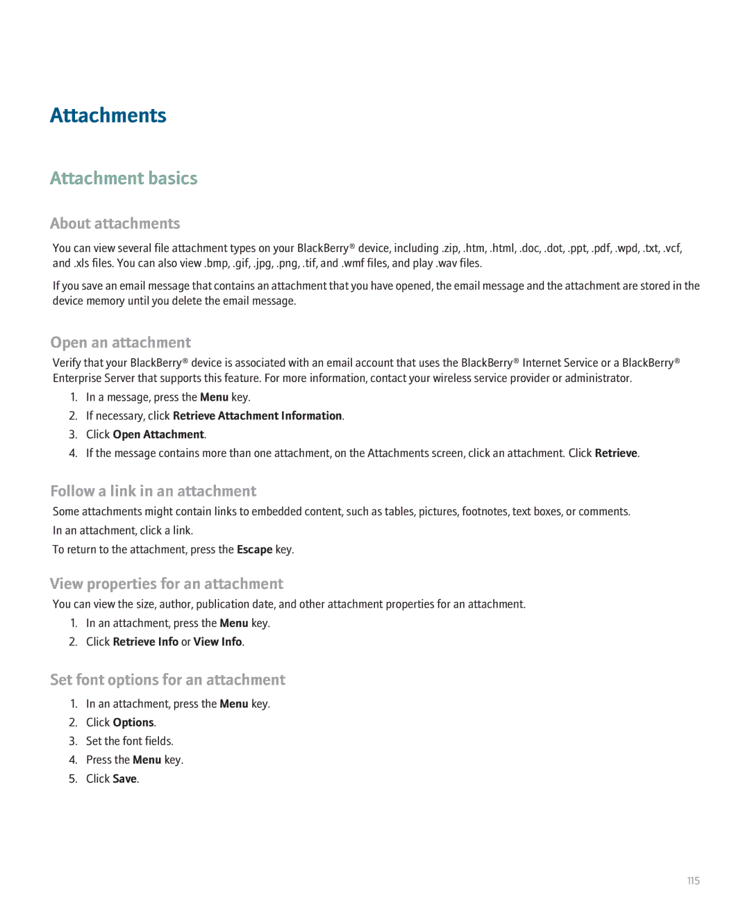 Blackberry 8110 manual Attachments, Attachment basics 