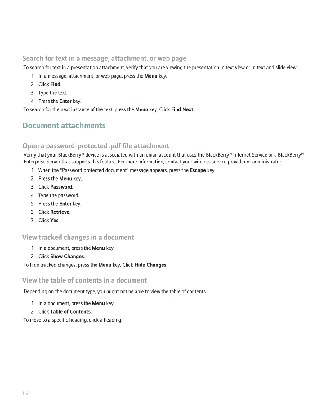 Blackberry 8110 manual Document attachments, View tracked changes in a document, View the table of contents in a document 