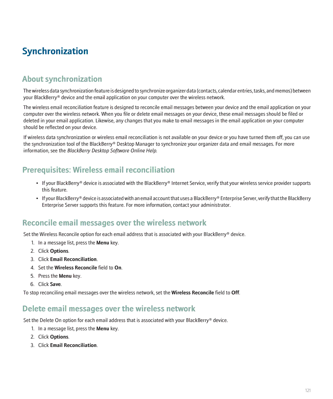 Blackberry 8110 manual Synchronization, About synchronization, Prerequisites Wireless email reconciliation 