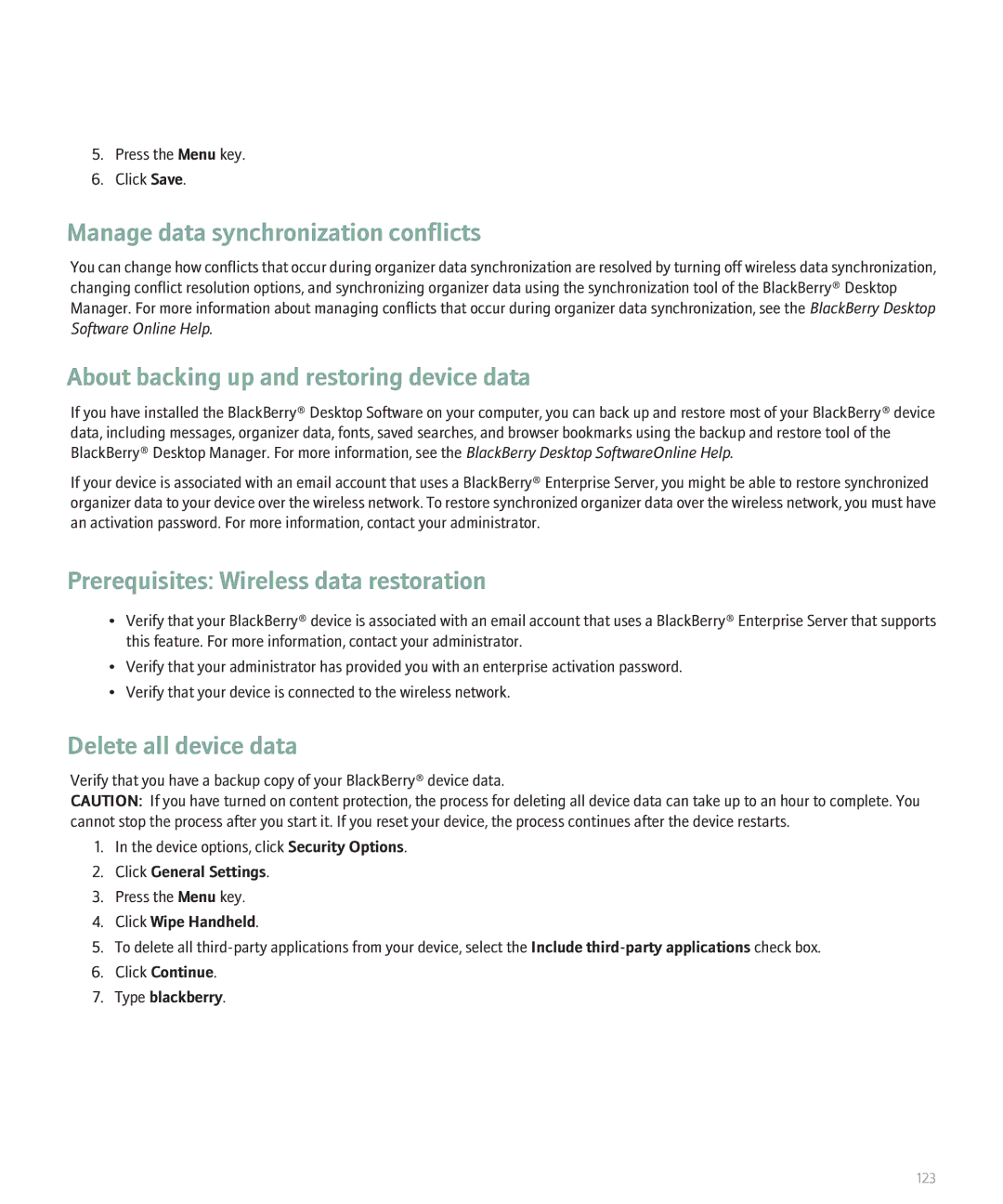 Blackberry 8110 Manage data synchronization conflicts, About backing up and restoring device data, Delete all device data 