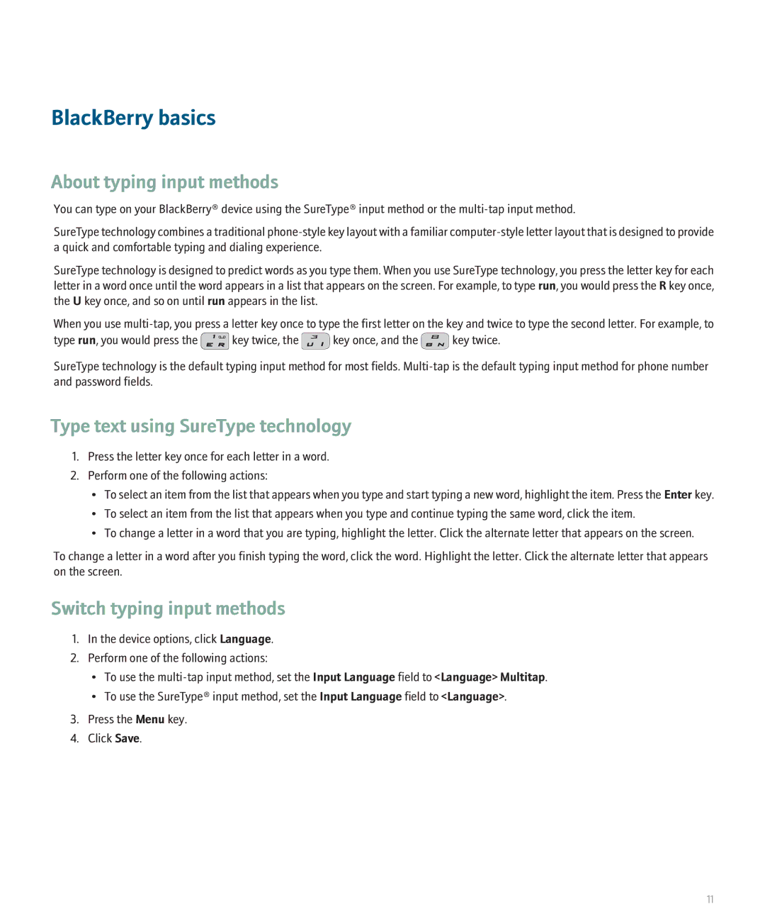 Blackberry 8110 manual BlackBerry basics, About typing input methods, Type text using SureType technology 