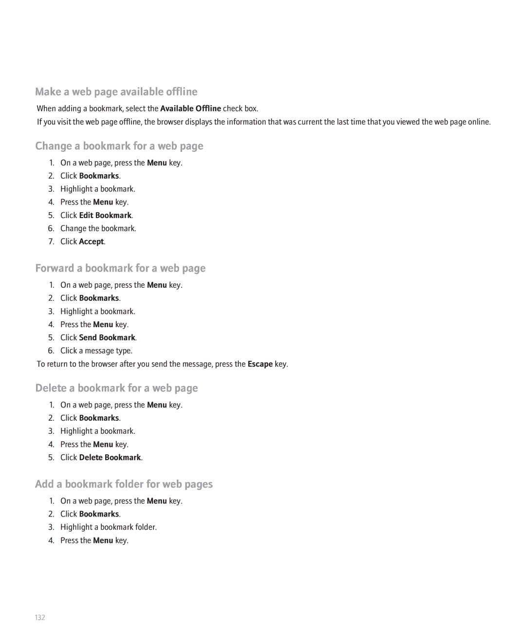 Blackberry 8110 manual Make a web page available offline, Change a bookmark for a web, Forward a bookmark for a web 