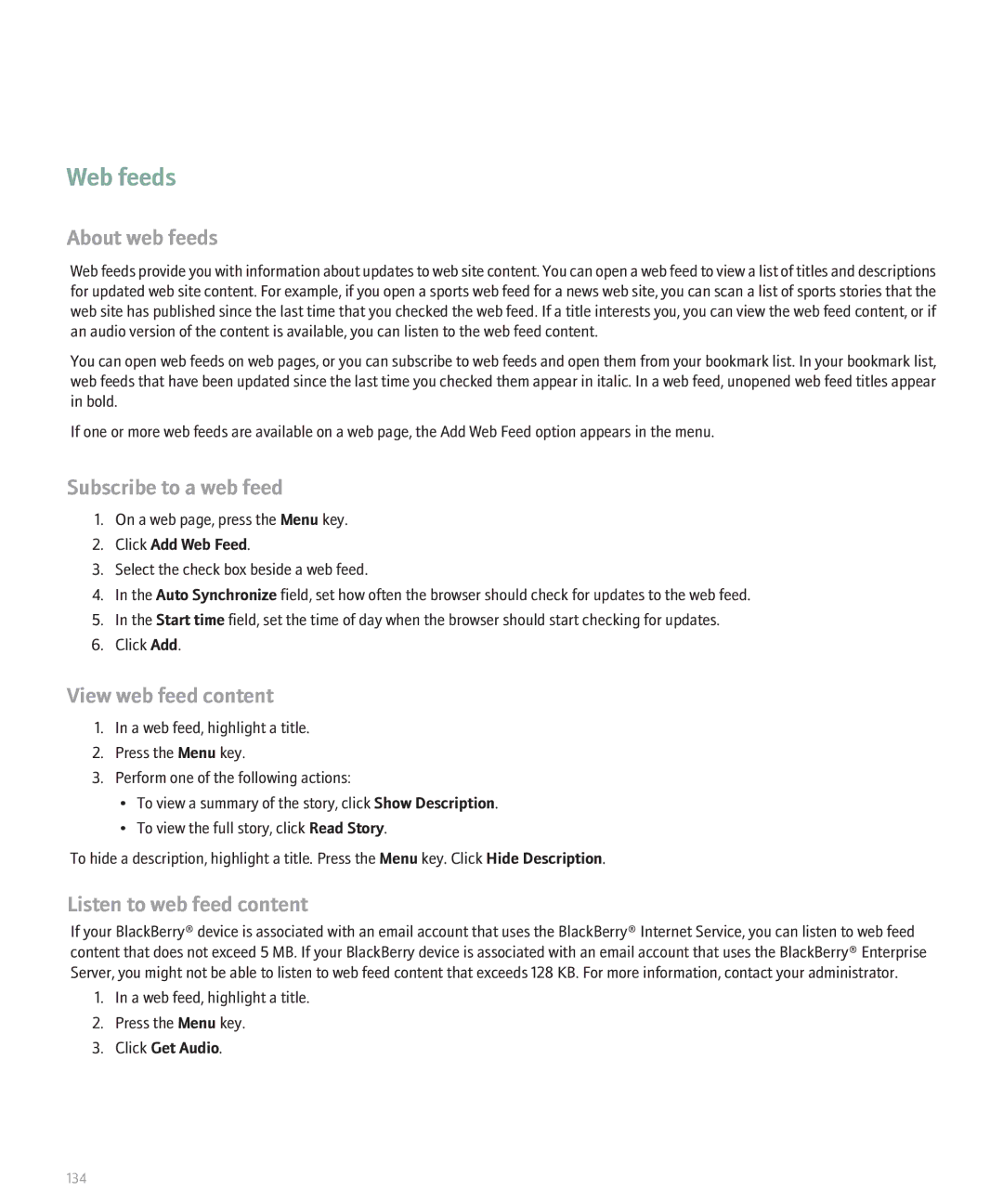 Blackberry 8110 Web feeds, About web feeds, Subscribe to a web feed, View web feed content, Listen to web feed content 