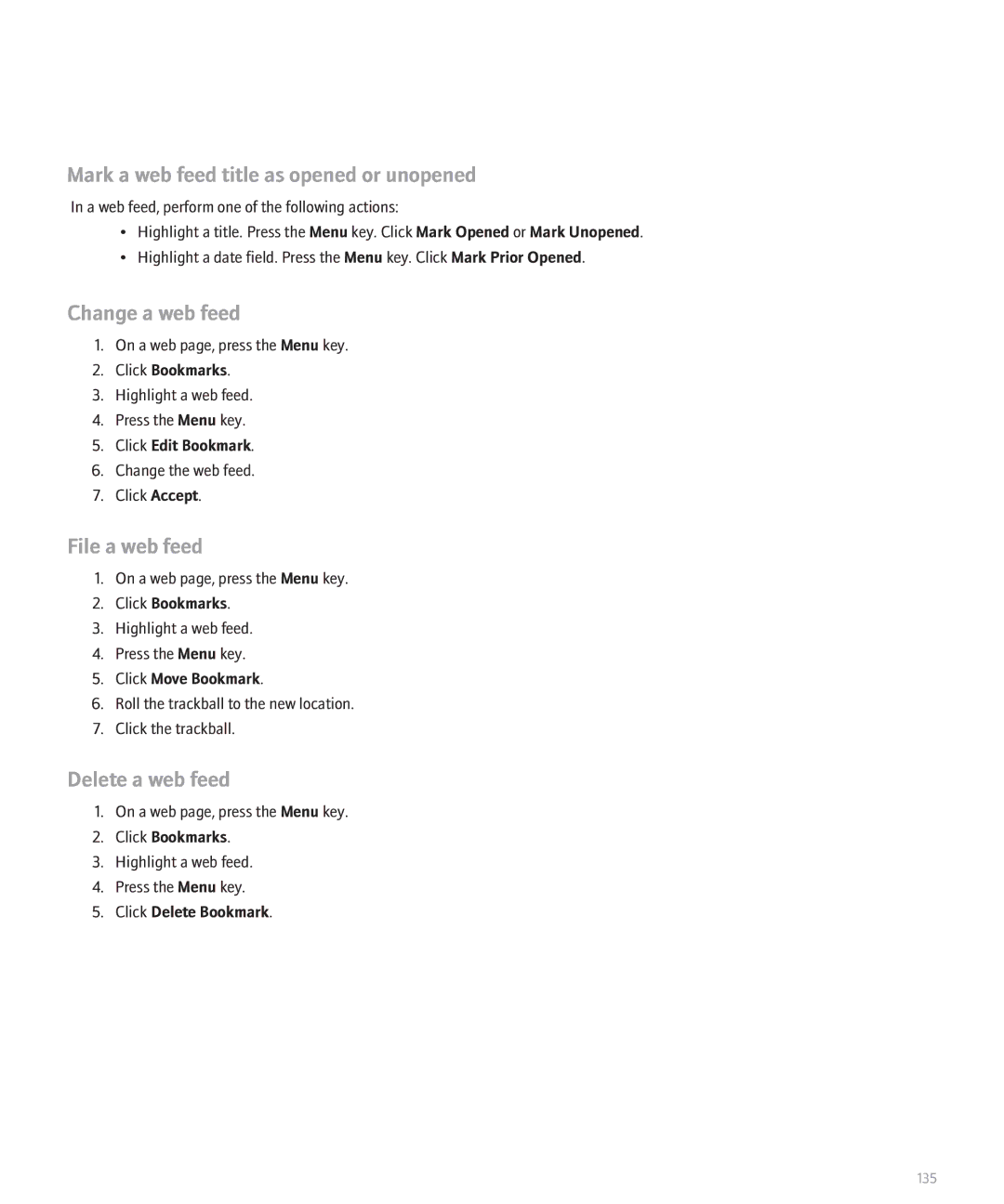 Blackberry 8110 manual Mark a web feed title as opened or unopened, Change a web feed, File a web feed, Delete a web feed 