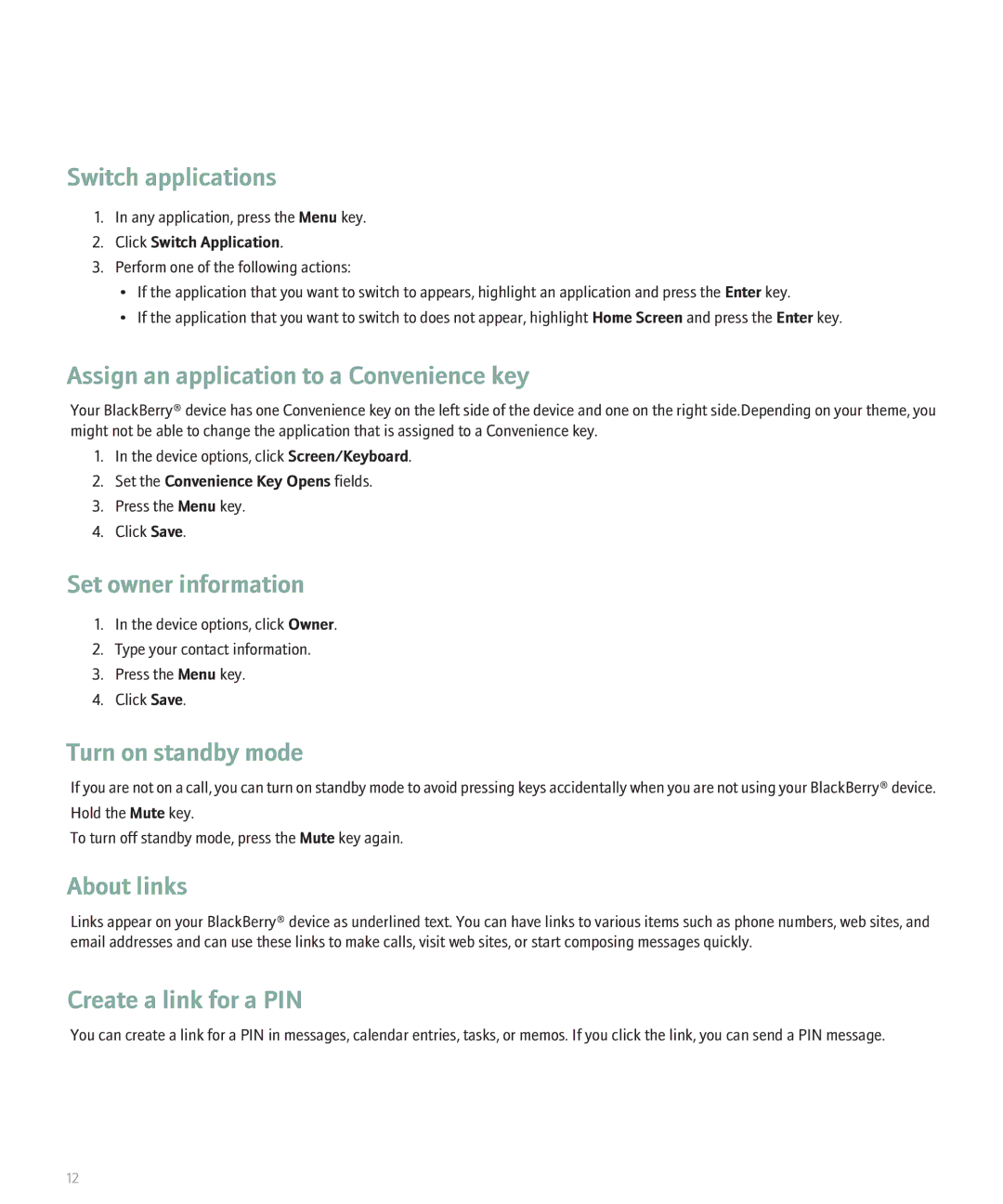 Blackberry 8110 manual Switch applications, Assign an application to a Convenience key, Set owner information, About links 
