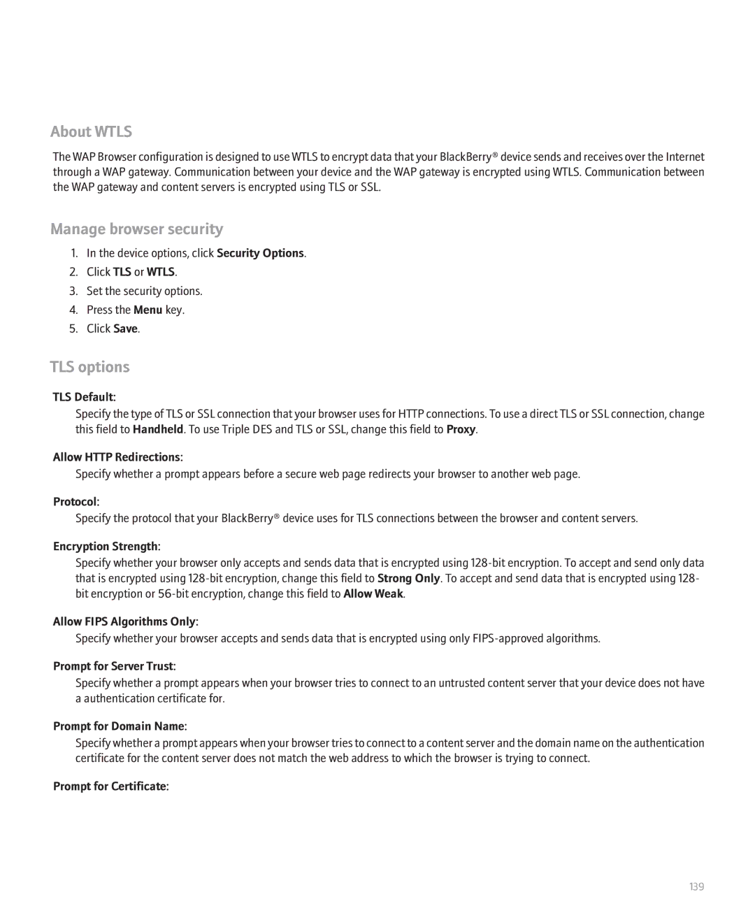 Blackberry 8110 manual About Wtls, Manage browser security, TLS options 