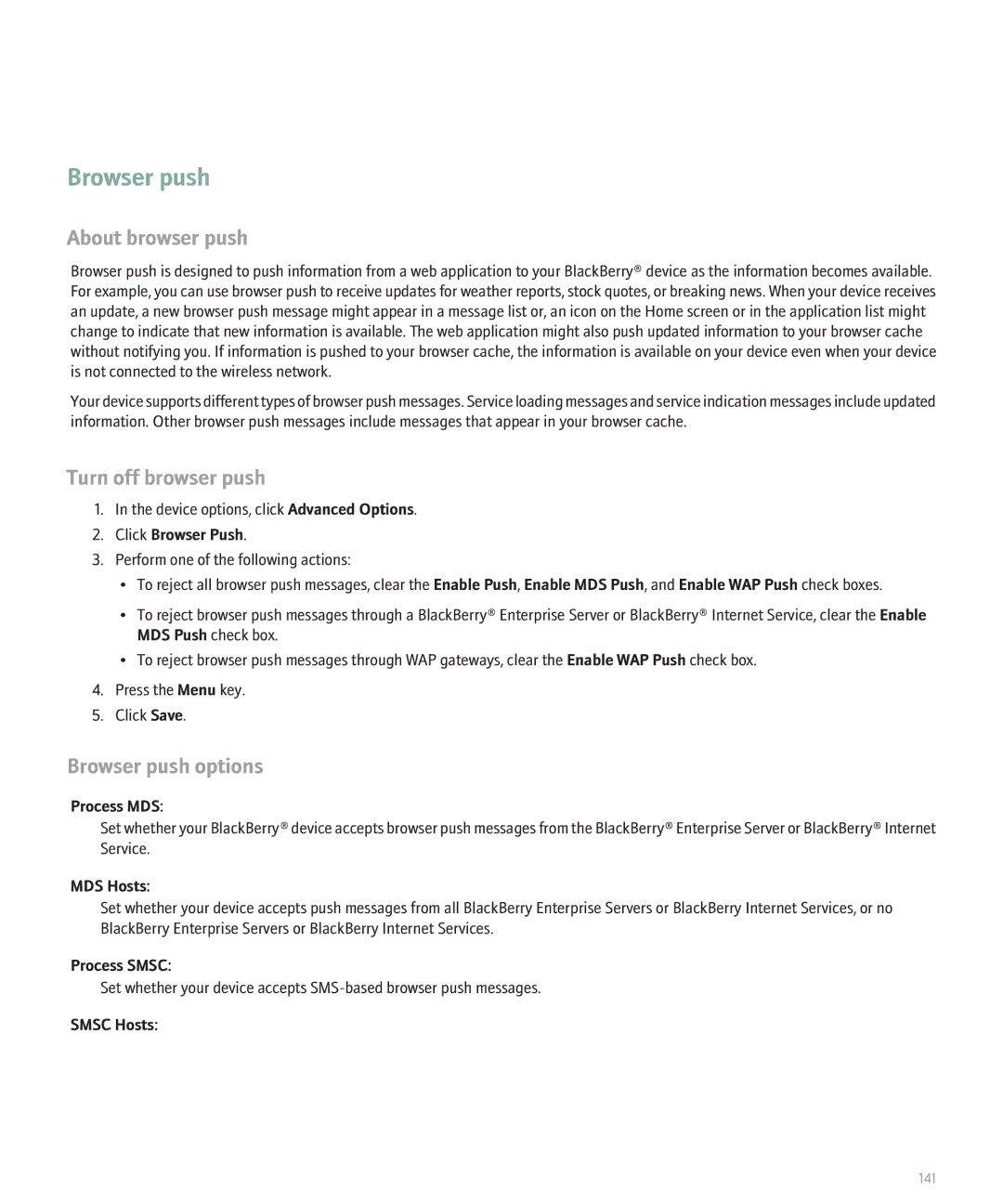 Blackberry 8110 manual About browser push, Turn off browser push, Browser push options 