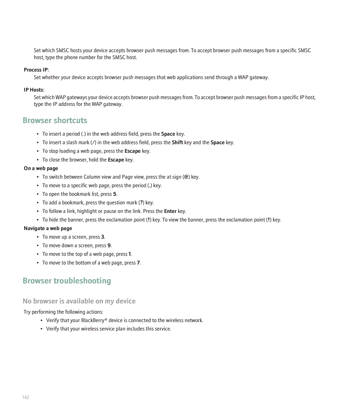 Blackberry 8110 manual Browser troubleshooting, No browser is available on my device, Process IP, IP Hosts 