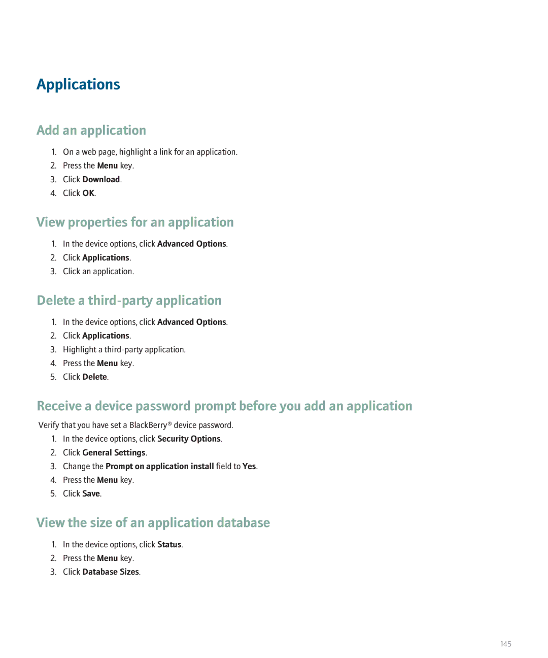 Blackberry 8110 Applications, Add an application, View properties for an application, Delete a third-party application 