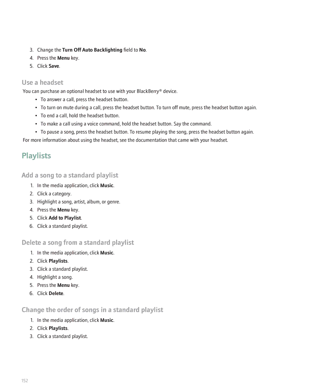 Blackberry 8110 manual Playlists, Add a song to a standard playlist, Delete a song from a standard playlist 