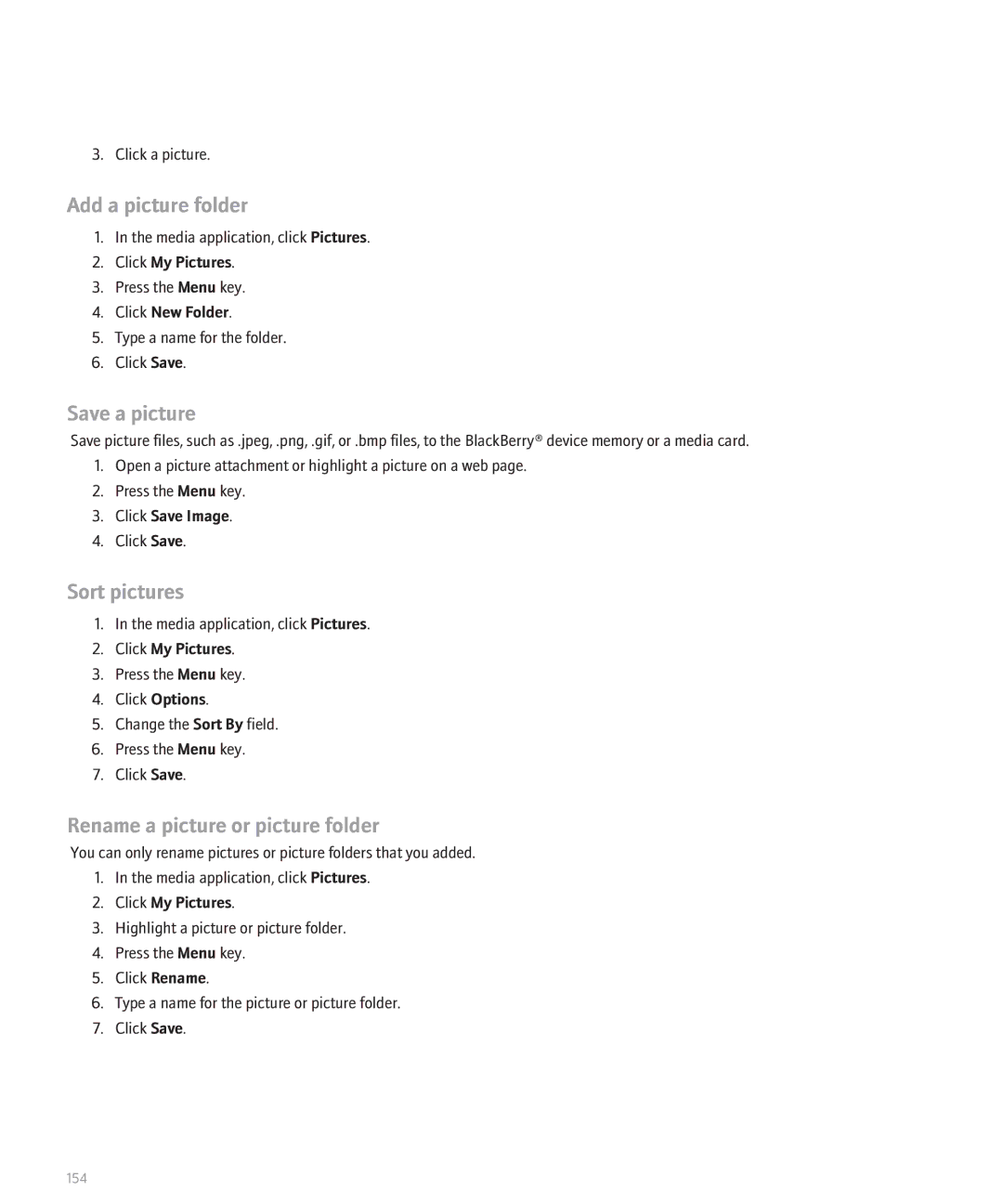 Blackberry 8110 manual Add a picture folder, Save a picture, Sort pictures, Rename a picture or picture folder 