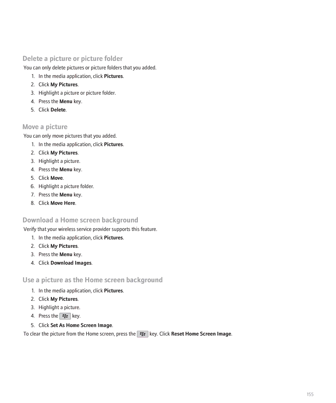 Blackberry 8110 manual Delete a picture or picture folder, Move a picture, Download a Home screen background 