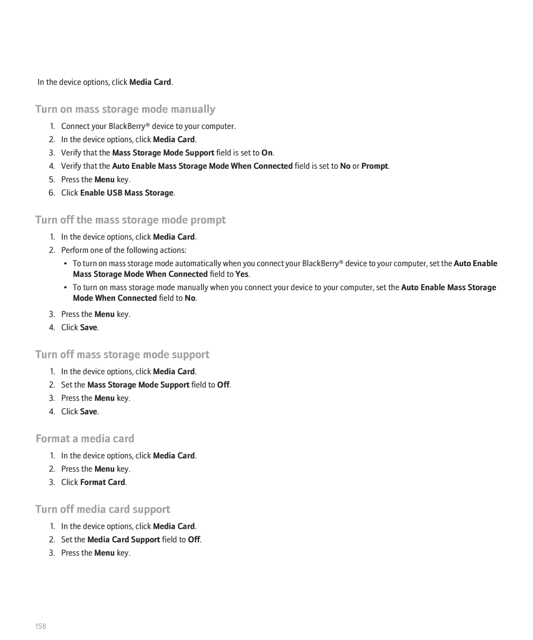 Blackberry 8110 Turn on mass storage mode manually, Turn off the mass storage mode prompt, Format a media card 