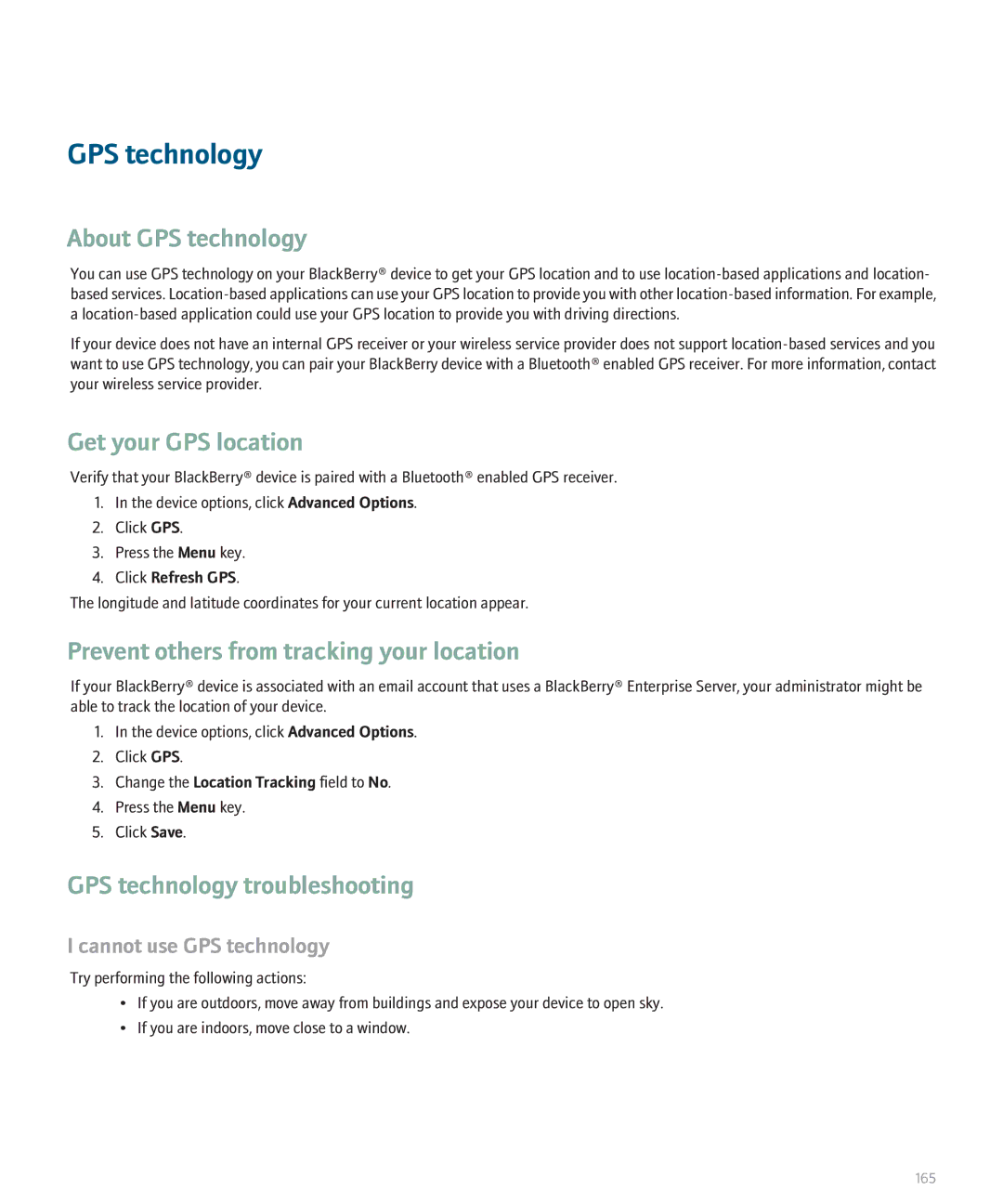 Blackberry 8110 manual About GPS technology, Get your GPS location, Prevent others from tracking your location 