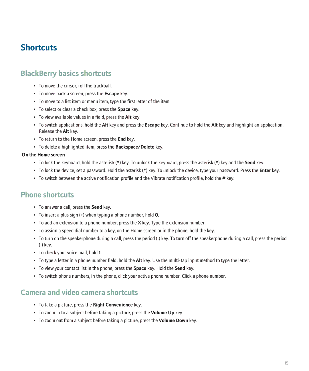 Blackberry 8110 manual Shortcuts, Phone shortcuts, Camera and video camera shortcuts 