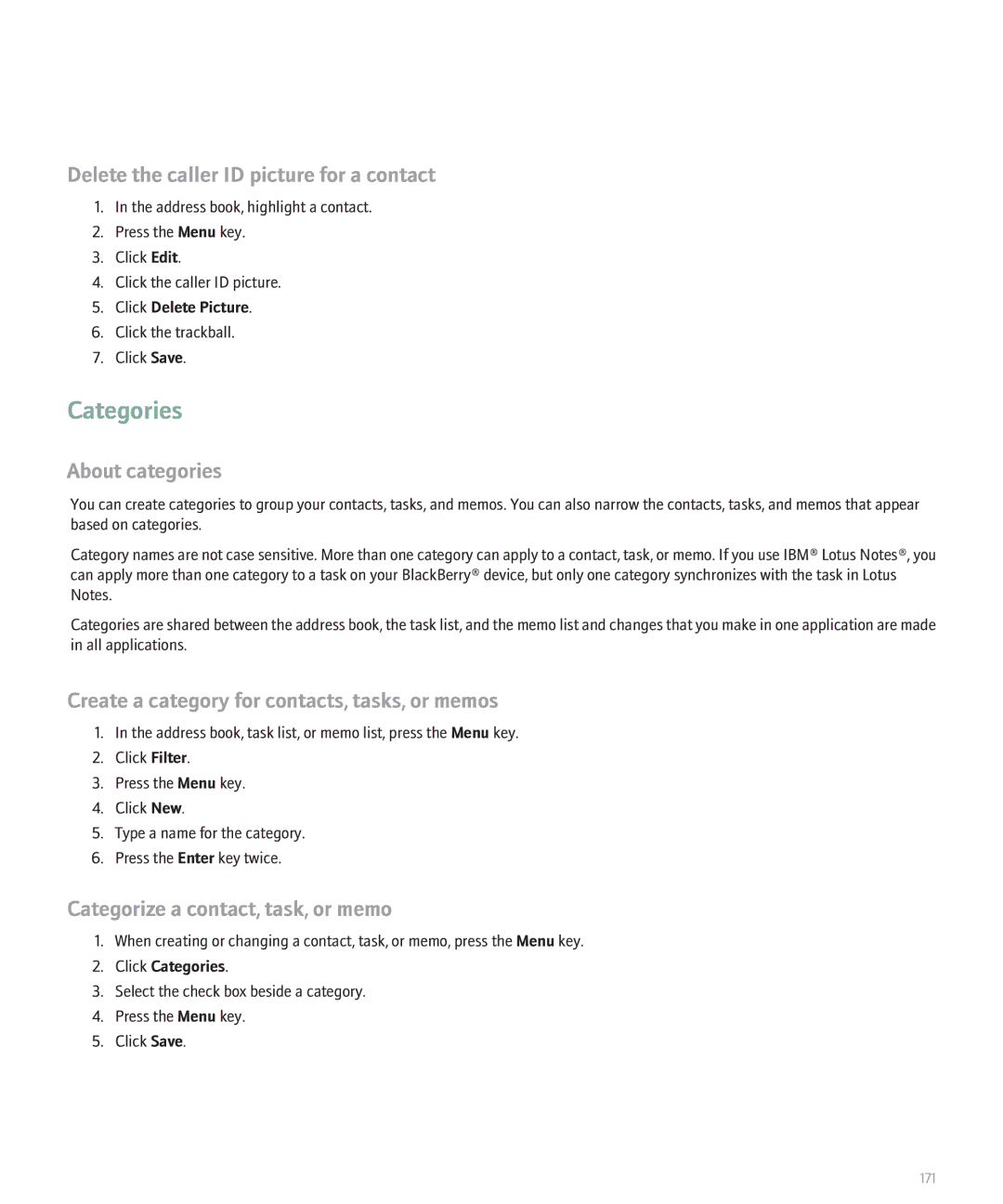Blackberry 8110 manual About categories, Create a category for contacts, tasks, or memos, Click Categories 