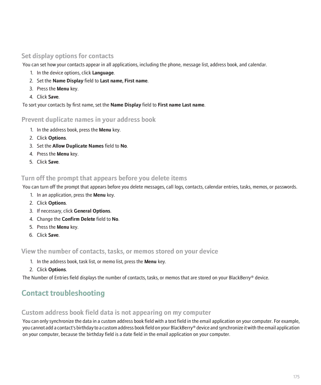 Blackberry 8110 Contact troubleshooting, Set display options for contacts, Prevent duplicate names in your address book 